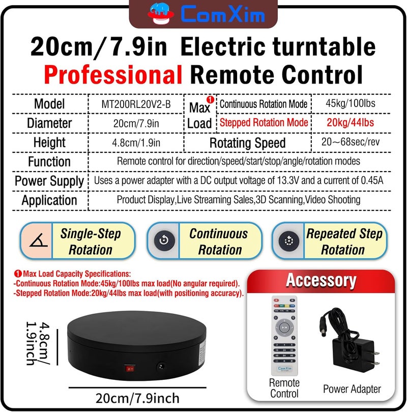 ComXim 7.9In Remote Motorized Electric Turntable Rotating Display Stand Spinning Rotating Platform 360 Photography Turntable lazy susan base giratoria para for Photography,Display (Load Range:40~100lbs) - Image 2